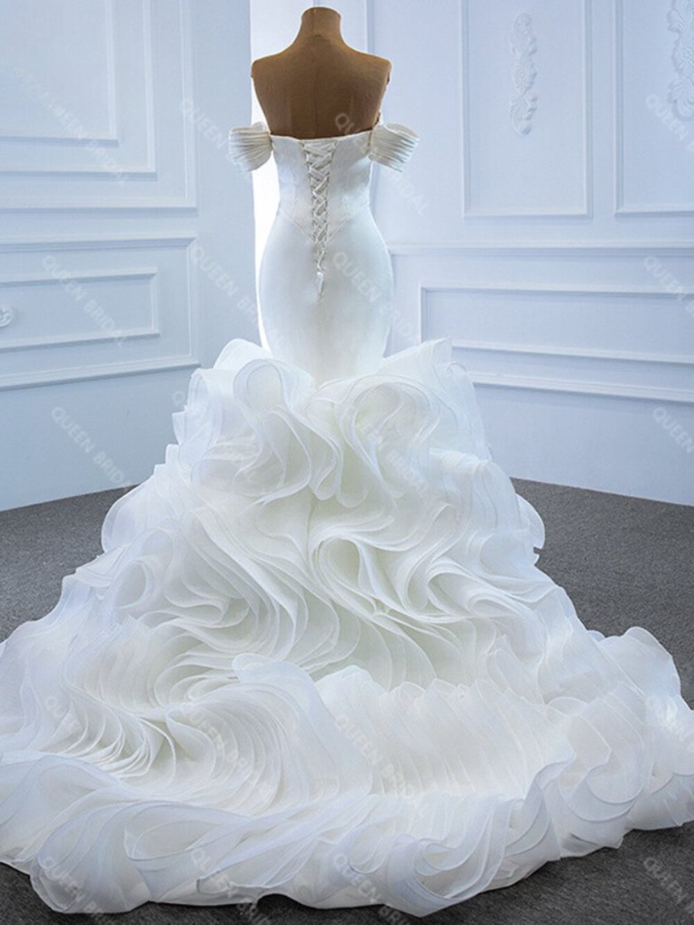 Elegant Mermaid Wedding Dresses Off Shoulder V-Neck Puffy Train Bridal Gowns 12 - Picture 3 of 5